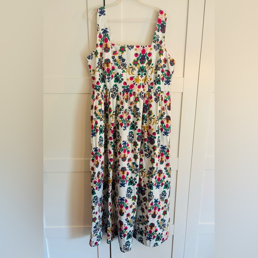 Boden Cream Floral Midi Dress with Pink, Purple and Green Blooms - Picture 3 of 7